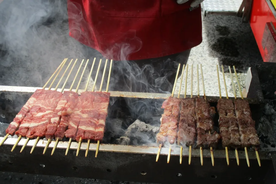 Arrosticini on the charcoal canalina grill at Cocullo