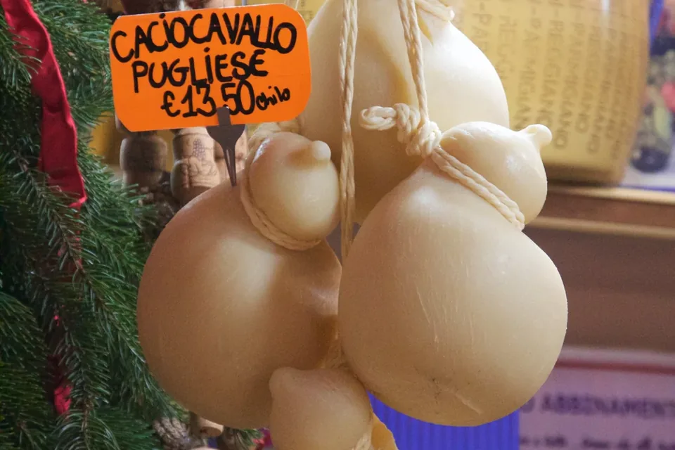 Hanging caciocavallo cheeses, illustrative photograph (taken outside Puglia)
