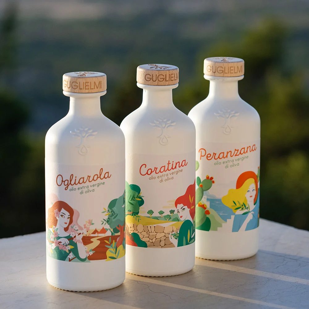 Three bottles of Guglielmi single-variety olive oils